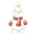 Watercolor toy character. Christmas toy. Snowman, scarf.