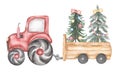 Watercolor Tractor with Christmas fir trees, vintage christmas tree toys illustration, Winter floral illustration and transport,