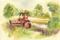 Watercolor tractor Machine in yard. Equipment on the village. Vector illustration.