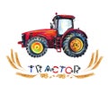 Watercolor illustration of red tractor with letters.