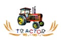 Red tractor and letter. Watercolor illustration.