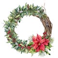Watercolor traditional Christmas floral wreath. Hand painted poinsettia, snowberry, tree and fir branches, red berries Royalty Free Stock Photo