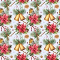 Watercolor traditional Christmas pattern with bells. Hand painte