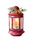 Watercolor Traditional Lantern With Candle And Floral Decor. Hand Painted Christmas Lantern With Fir Branch, Holly