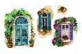 Watercolor traditional old-fashioned door and windows with potted flowers, brick stones, lantern