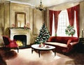 Watercolor of Traditional Victorian living room adorned with festive Christmas