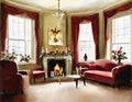 Watercolor of Traditional Victorian living room adorned with festive Christmas