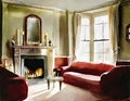 Watercolor of Traditional Victorian living room adorned with festive Christmas