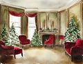 Watercolor of Traditional Victorian living room adorned with festive Christmas