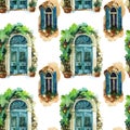 Watercolor traditional vintage windows and door seamless pattern