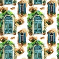 Watercolor traditional vintage windows and door seamless pattern