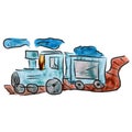 Watercolor train blue cartoon drawing, isolated on