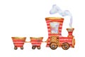 Watercolor train, locomotive, engine illustration. Cute red and gold toy for birthday cards design, kids decorations, cloth