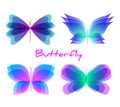 Watercolor translucent butterflies set of different colors gradients and shapes isolated on white background. Beautiful