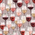 Watercolor pattern of red, rose and white wine glasses