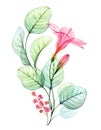 Watercolor transparent hibiscus flower, eucalyptus and berries. Colourful tropical bouquet isolated on white. Botanical