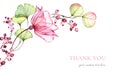 Watercolor Transparent Rose card template. Thank you text. Eucalyptus branch, flowers and berries isolated on white