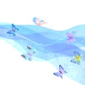 Watercolor transparent waves sea ocean teal turquoise colored background with butterflies