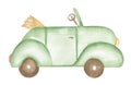Watercolor transport Illustration, Cute car print clip art, hand drawn kids party clipart. Green car , nursery transportation.