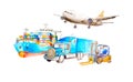 Watercolor transport and logistics concepts with container ship, cargo plane, classic American truck trailer and