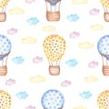 Watercolor transport seamless pattern, Air Balloon and sky print, cute hand drawn kids party pattern. Artwork for textiles,