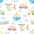 Watercolor transport seamless pattern, Hellicopter print, cute boat paper, airplane and car, hand drawn kids party pattern.