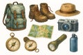 Watercolor travel accessories with backpack, boots, hat, map, camera, compass, flashlight, and bottle. concept of adventure Royalty Free Stock Photo