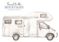 Watercolor travel car, motorhome, tourist car