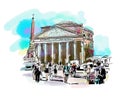 watercolor travel card from Rome Italy, old italian imperial building Pantheon