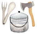Watercolor travel collection, traveler's kitchen. Tourist cauldron, axe, fork spoon, isolated on a white background.