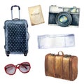 Watercolor travel set. Hand painted tourist objects set including passport, ticket, leather vintage suitcase, polka dot