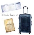 Watercolor travel set including passport, boarding pass, navi suitcase. Hand painted illustration isolated on white