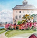 Watercolor travel sketch castle in fortress in Oslo Norway