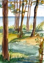 Watercolor travel sketch pine trees by the blue sea