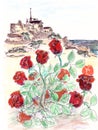 Watercolor travel sketch red roses by the sea on the background of the medieval city in France