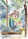 Watercolor travel sketch wooden village house among greenery Latvia