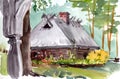 Watercolor travel sketch wooden village house among greenery Latvia