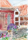 Watercolor travel to the old town of Riga Latvia, travel sketch