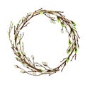 Watercolor tree branch with green leaves, pussy willow. Spring Easter wreath Hand drawn Frame illustration. Border Royalty Free Stock Photo