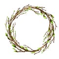 Watercolor tree branch with green leaves, pussy willow. Spring Easter wreath Hand drawn Frame illustration. Border Royalty Free Stock Photo