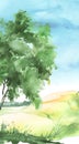 Watercolor tree of green color. Autumn countryside landscape. birch, poplar, apple, maple, wild grass, forest plant. Handmade draw