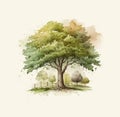 Watercolor tree illustration on light background for Arbor Day. Ecology concept for earth day as environment nature. Generative AI Royalty Free Stock Photo