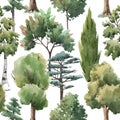 Watercolor tree seamless pattern forest oak fir birch, thuja linden baobab pine