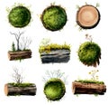 Watercolor Tree Stump and Moss Elements Royalty Free Stock Photo