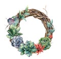 Watercolor tree wreath with cactus and succulent. Hand painted opuntia, echeveria, eucalyptus leaves with succulent