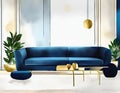 Watercolor of Trendy living room with chic blue golden modern accents dark blue Template with empty