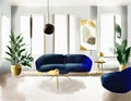 Watercolor of Trendy living room with chic blue golden modern accents dark blue Template with empty