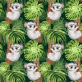 Watercolor botanical tropical pattern with hand painted koala, palm and monstera leaf on dark green background. Royalty Free Stock Photo