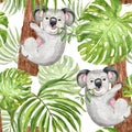 Watercolor trendy tropical pattern with hand painted koala, palm and monstera leaf on white background. Summer botanical print