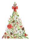 Watercolor triangular Christmas tree with flowers, berries, bran